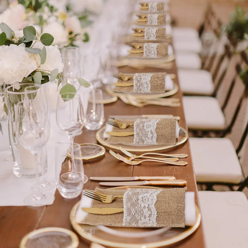 10/20/30 Stück Besteckhalter aus Sackleinen und Spitze, rustikale Jute-Bestecktaschen für Hochzeit, Geburtstag, Party, Bauernhaus, Esstisch-Dekoration – Detail 15