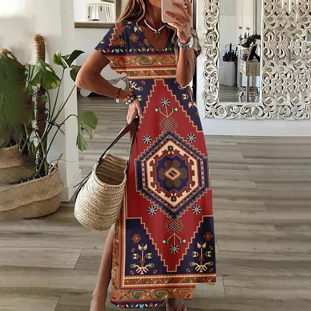 thumbnail image 1 of Vestidos para mujer, moda, cuello en V, vestido largo diario, manga corta, falda de mujer, estilo bohemio, vestidos con abertura, ropa de verano para mujer, 1 of 2