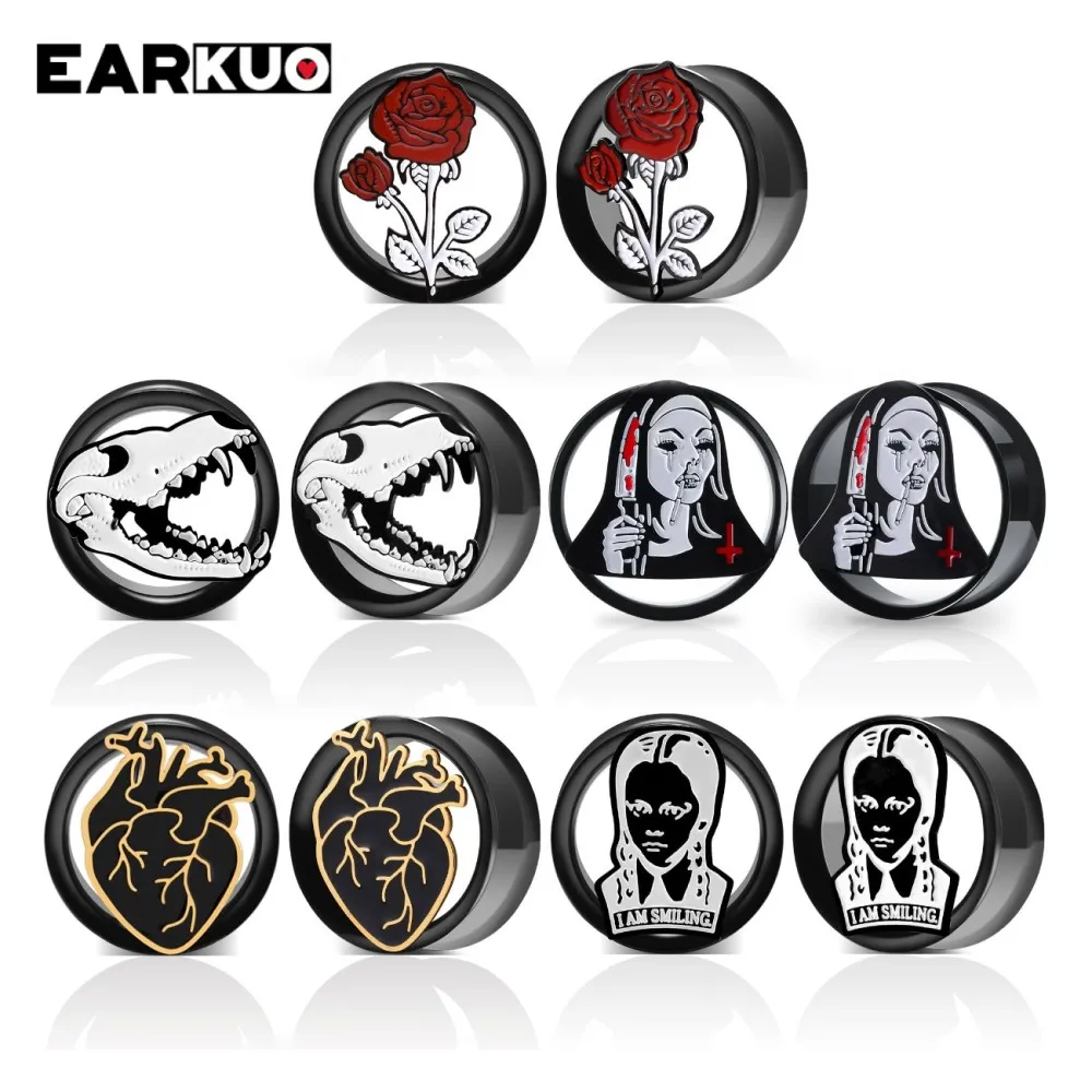 

EARKUO New Stainless Steel Rose Heart Dinosaur Ear Plugs Tunnels Body Piercing Jewelry Earring Expanders Stretchers Gauges 2PCS