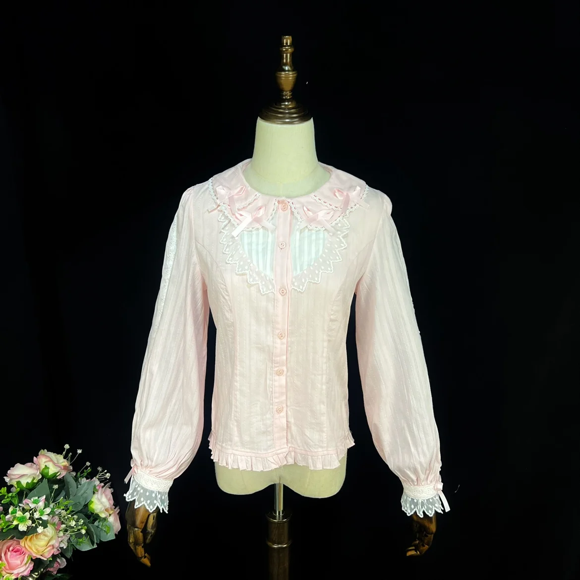 Lolita Long Sleeve Doll Collar Women's Shirt 2023 Spring Autumn Bow Sweet Lace Single Row Multi-Buckle Slimming Blouse