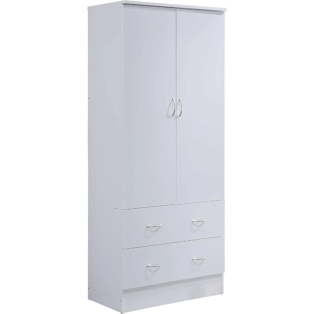 

HODEDAH 2 Door Wood Wardrobe Bedroom Closet with Clothing Rod inside Cabinet and 2 Drawers for Storage, White