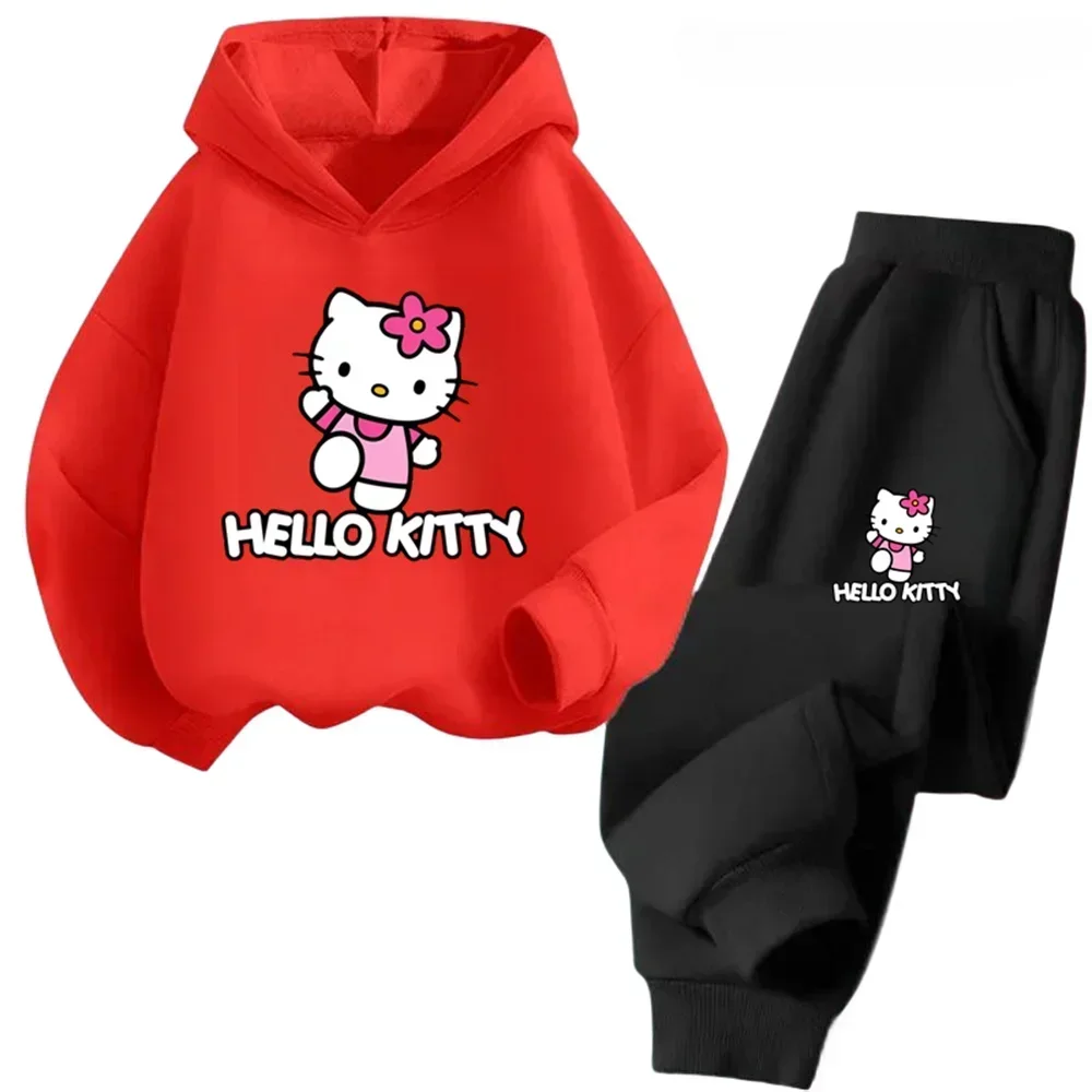 thumbnail image 1 of Conjunto de 2 piezas de sudadera y pantalones con estampado de dibujos animados de Hello Kitty Kawaii para primavera y otoño, ropa para niños de 2 a 14 años, chándal de moda, 1 of 5