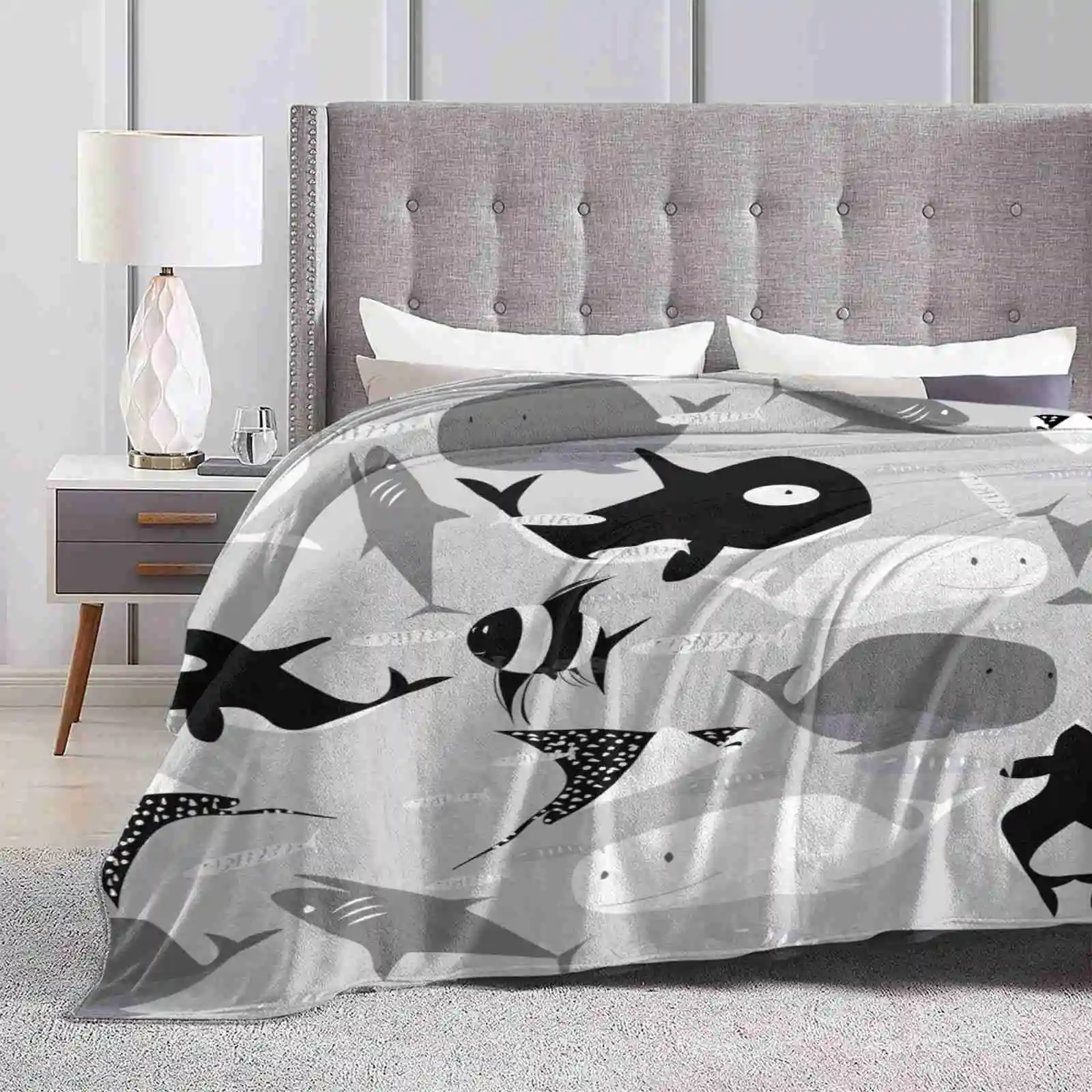 Ocean Creations Best Seller Room Household Flanella Coperta Sea Killer Whale Stingray Shark Fish Blue Grey Animals White Whale