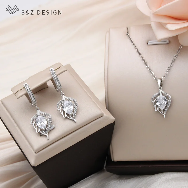 S&Z DESIGN New Fashion Water Drop Cubic Zirconia Hollow Out Leaf Dangle Earrings For Women Trendy 585 Rose Gold Color Eardrop