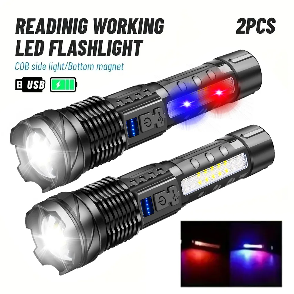 A76 ABS Super Bright LED COB Flashlight USB Rechargeable Torch Powerful Zoomable Lantern Working Light with Red Blue Side Light