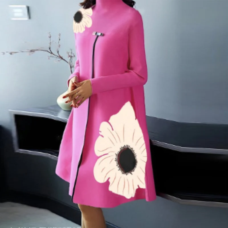

Winter Long Sleeve A-Line Party Dresses Temperament Flower Printed Autumn Vintage Dress Women O-Neck Patchwork Slit Midi Dresses