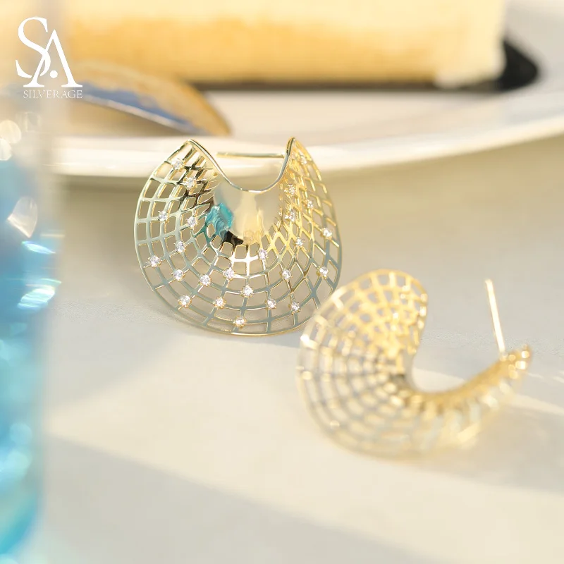 

SA SILVERAGE 14K Yellow Gold Plated Sector Stud Earrings for Women AAA Synthetic Cubic Zirconia Fashion Jewelry Big Size 9.05g