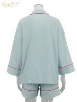Clacive Fashion Loose Blue Cotton Home Women's Two Pieces Set 2025 Elegant Long Sleeve Shirt With High Waist Shorts Set Female - Image 5