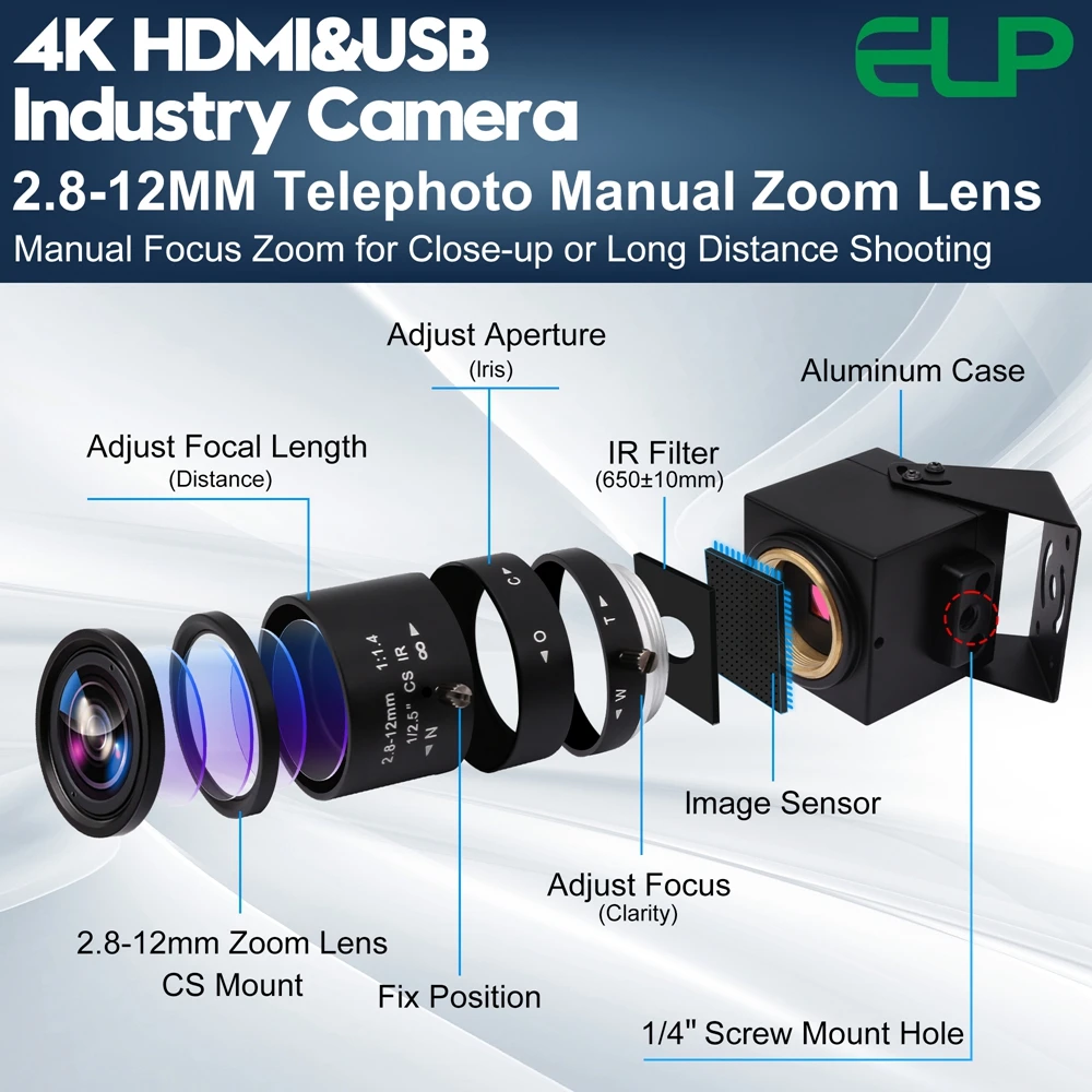 ELP 4K 30fps HDMI USB Camera H.265/H.264 4X Optical Zoom USB PC Webcam with 2.8-12mm Manual Varifocus Lens for Live Streaming