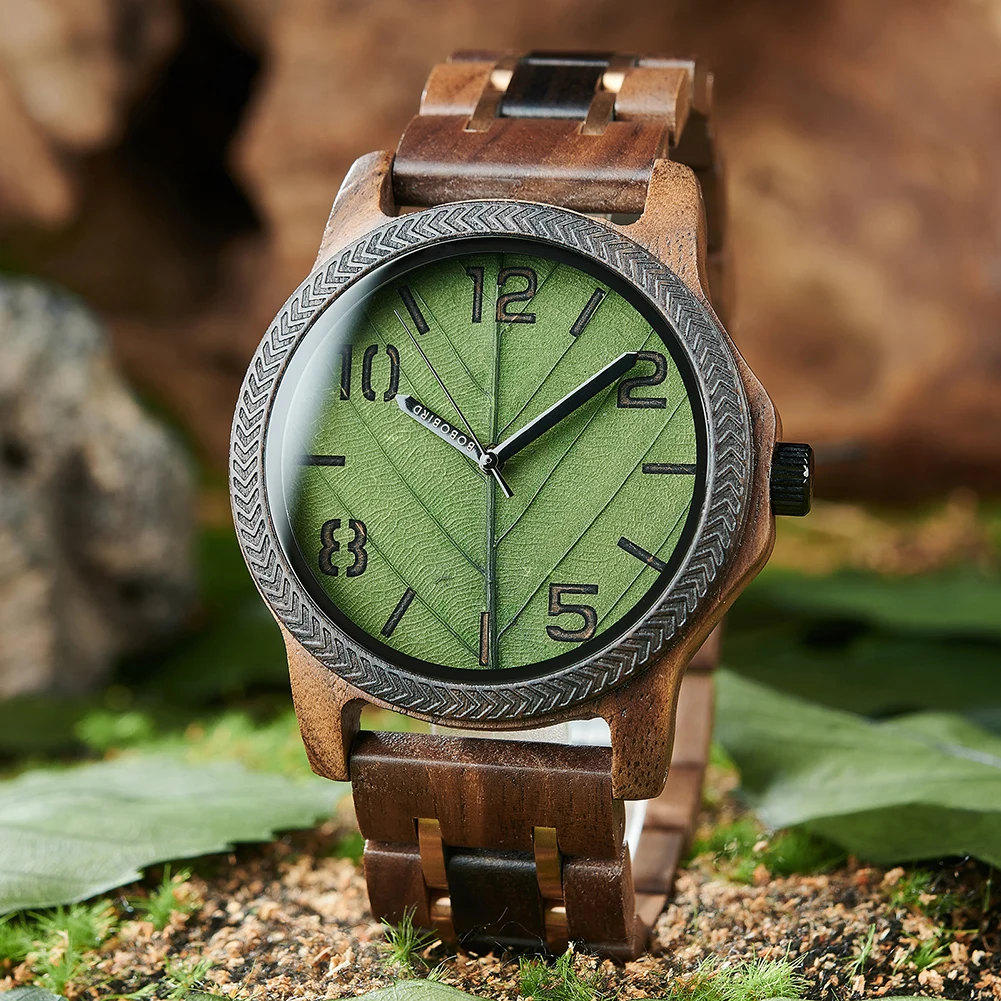 Men's Wood Watch with Genuine Leaf, BOBO BIRD Watch, Leaves Face Original Wooden Clock, Engraved Watch, Anniversary Custom Gift