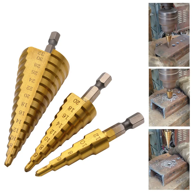 

3pcs HSS Steel Titanium Step Drill Bit Hand Tool Sets4-12 4-20 4-32mm Step Cone Cutt Woodworking Wood Metal Drill Bit Set