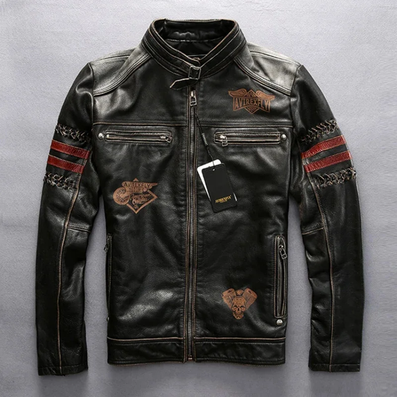 

Мужская винтажная куртка из натуральной кожи, черная Толстая облегающая мотоциклетная байкерская куртка из воловьей кожи с вышивкой