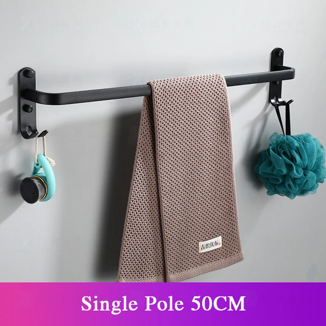 Bathroom Towel Rack 30-60CM Wall Mounted Shower Room Holder Kitchen Aluminum Multilayer Layer Wiht Hook Black Hanger Accessories Single Rod 50cm