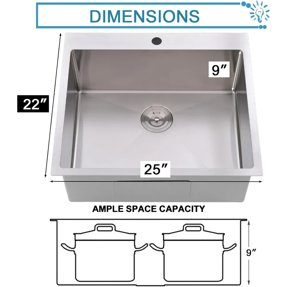 25 x 22 Drop-In Single Bowl Stainless Steel Kitchen Sink, 25 Top Mount 16 Gauge, Deep Small Sink for RV Laundry