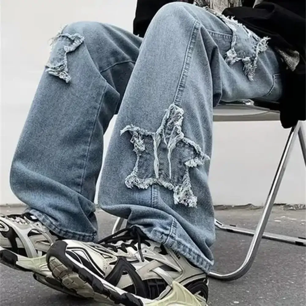 Custom High Street Jeans Star Embroidery Patchwork Distressed Pant and Hoodie Kit Slim Fit Patch stylish Denim pants