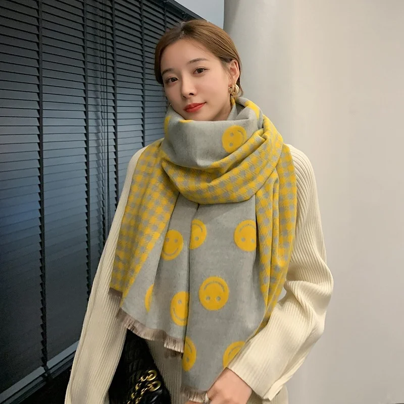 Luxury Winter Warm Women's Wool Knitted Thick Double-Sided Smiley Face  Cashmere Scarf Pashmina Shawl Lady Scarves and Shawls - AliExpress