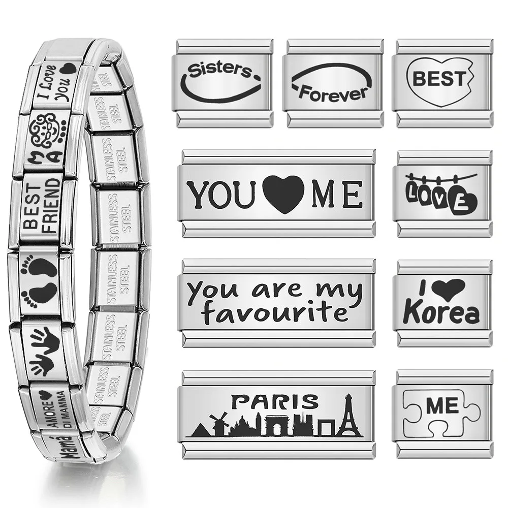 Design italienischer 9 mm Laser-Charm, romantische Liebe, beste Freundin, Fußabdrücke, Muster, Edelstahl-Armband, DIY-Herstellung von Schmuck, Geschenken