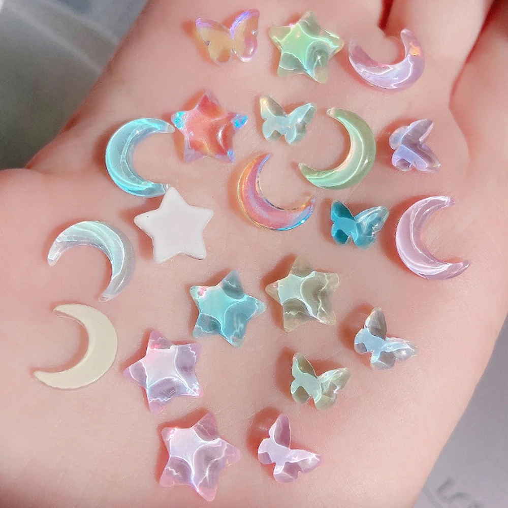 

10Pcs Wholesale New Ice Transparent Nail Rhinestones 3D Cute Moon Star Butterfly Nail Decoration 3D Nail Ribbon Part Accessories