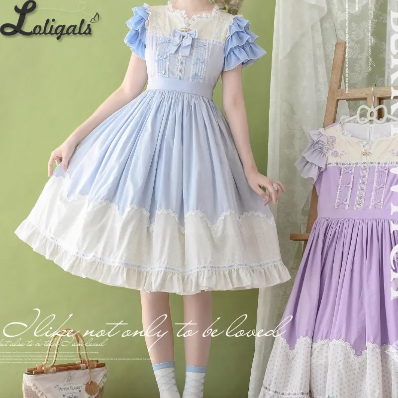 Sweet Lolita Dress Short Layered Cap Sleeve Polka Dotted Cotton Embroidered Casual Midi Dress by Strawberry Witch