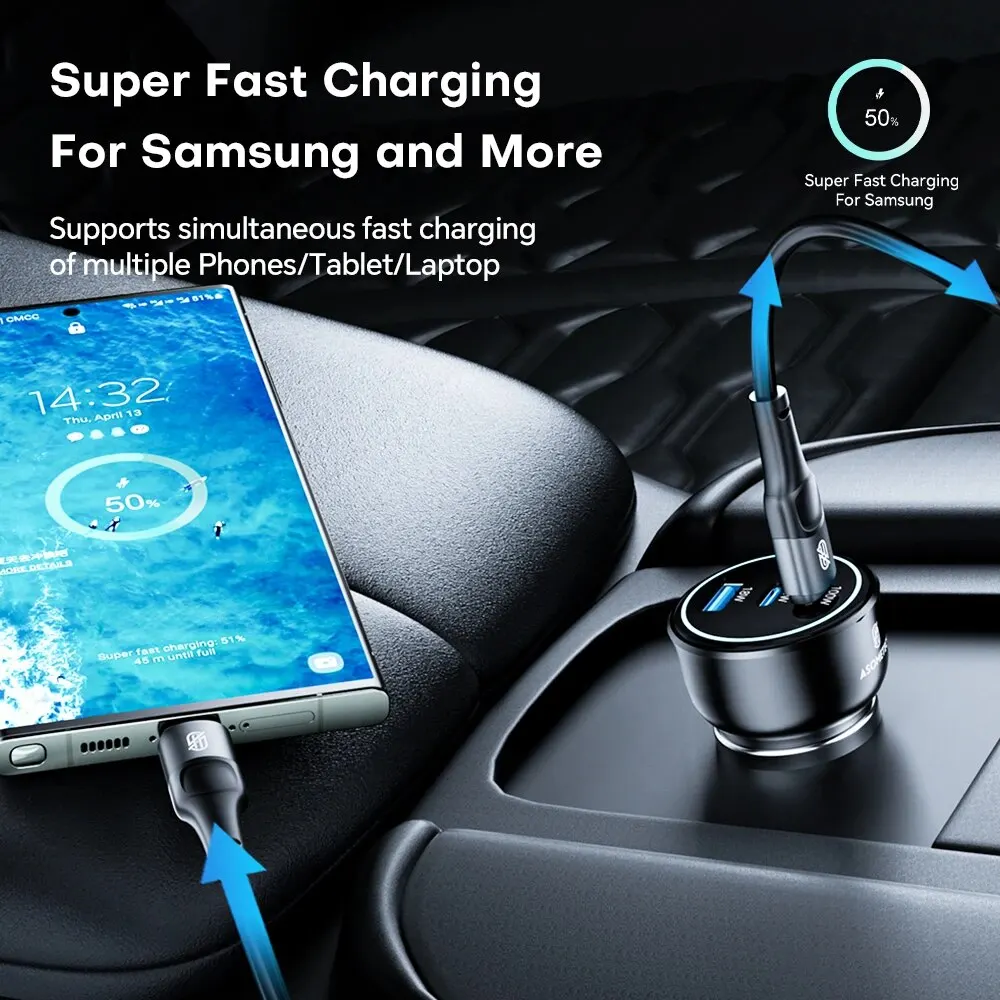 ASOMETECH 138W Car Charger USB Type C GaN Charger 100W 65W 45W 20W PPS PD QC3.0 Quick Charger For Laptop iPhone 15 Samsung S23