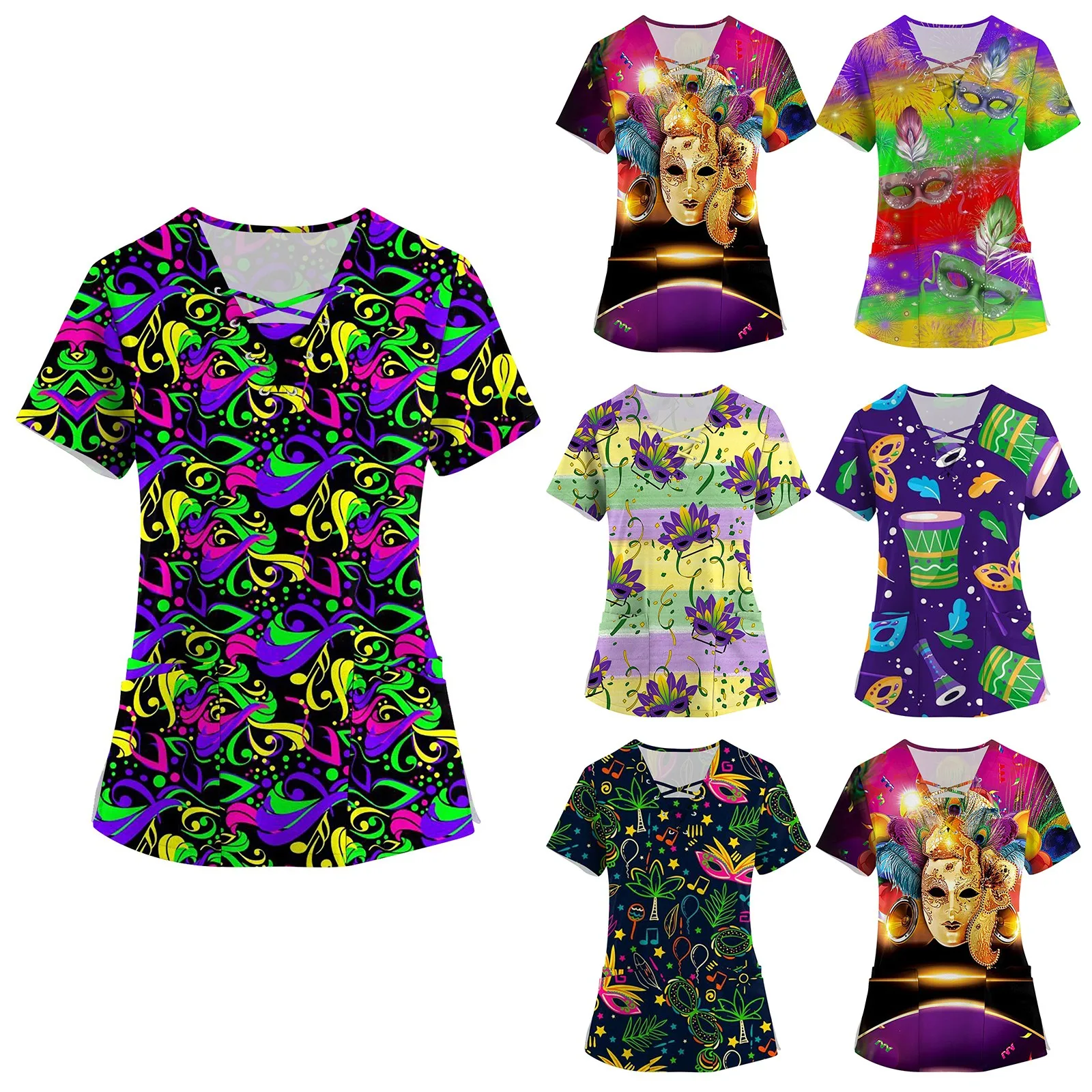 

Женская модная футболка с коротким рукавом и V-образным вырезом на шнурке, с принтом и карманами, приталенная яркая рубашка 한국인 뷰 옷 Gras