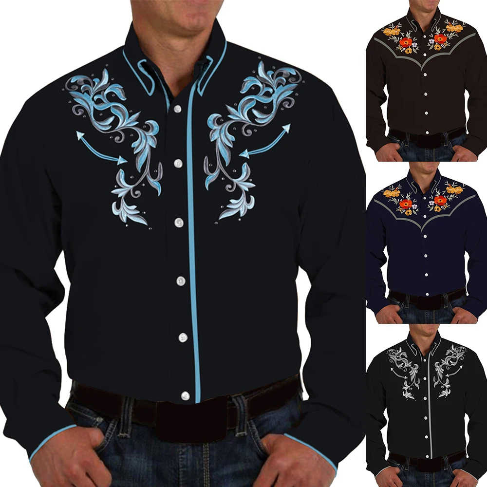 

Fashion Men Western Printed Long Sleeve Shirts Spring Casual Loose Slim Button Down Dress Shirt Vintage Mens Tops
