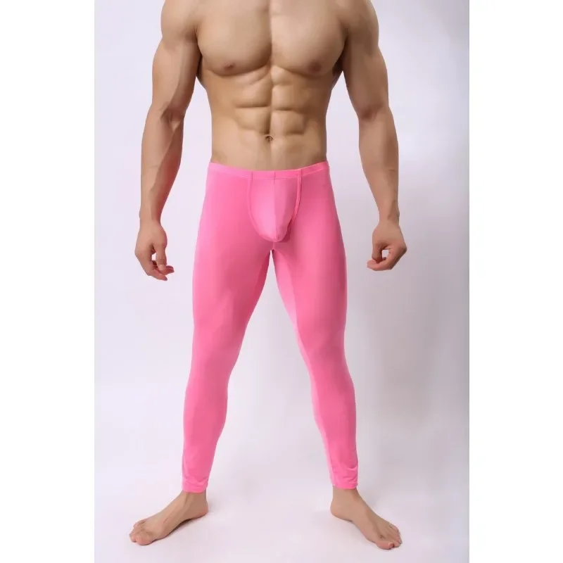 Pink Men's Exotic Pants Ice Silk Leggings Long Johns Ultra-thin Male Pouch Underpants Shapewear Lingerie Pajama Bottom Nightwear