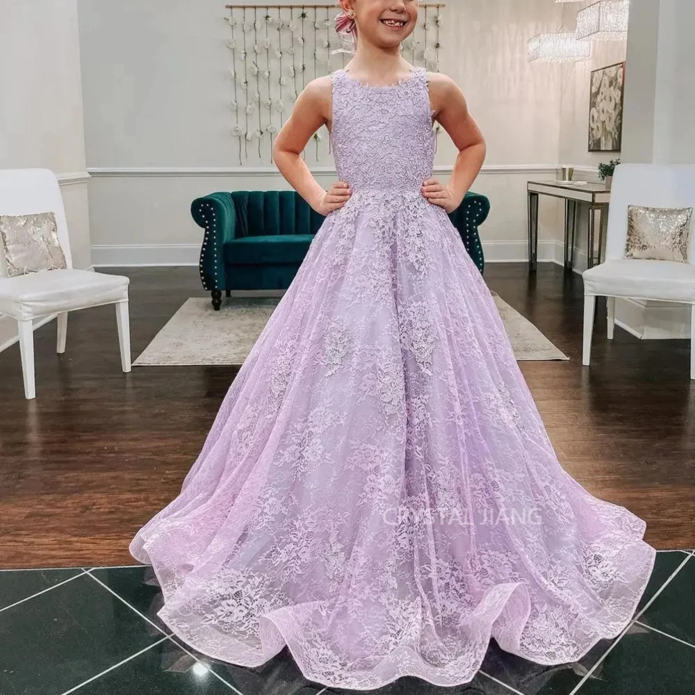 

Luxury Long Purple Jewel Neck Lace Flower Girl Dresses Sleeveless with Appliques Ball Gown Floor Length Party Gowns