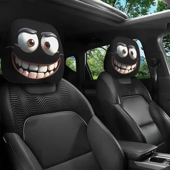 2pcs Smiley Face Printed Car Pillowcase Soft Comfortable Decorative Cushion Cover Auto Seat Headrest Washable Polyester Fabric 1