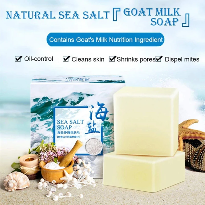

Goat Milk Sea Salt Soap Remove Pimple Pores Acne Treatment Moisturizing Cleaner Handmade Soap Facial Cleaning Skin Care Tools