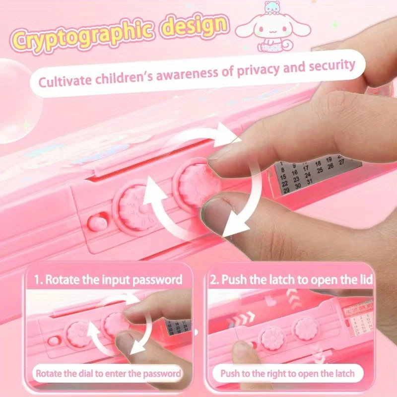 산리오 인 이 대용량 멜로디 필통은 다기능 디자인과 코드 잠금 기능을 갖추고 있습니다.