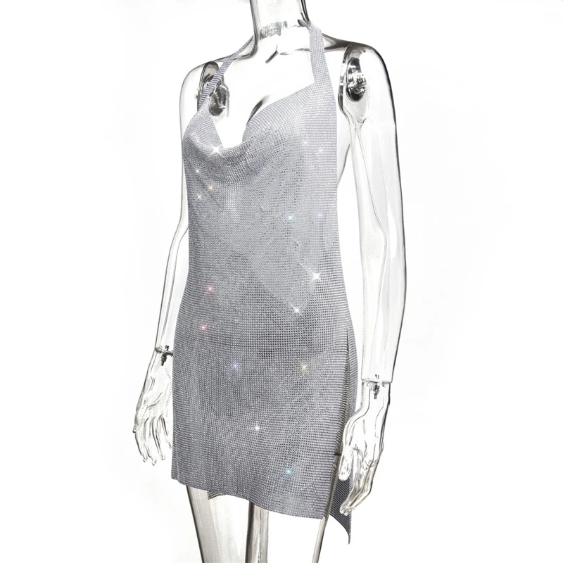 Silbernes Pailletten-Neckholder-Kleid mit Tiefem V-Ausschnitt und Seitenschlitzen für Damen-Abendpartys, Clubwear und Besondere Anlässe – Detail 7