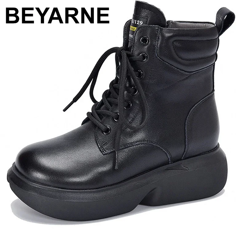 

Handmade Retro Chunky Platform Ankle Boots For Women Autumn Winter Warm Wedges Heel Genuine Leather Lace-Up Short Boots