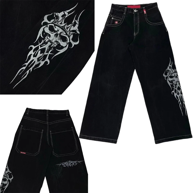 

Y2k Jeans Mens Harajuku Hip Hop Retro Skull Graphic Baggy Jeans Black Pants 2023 New Gothic Oversized Wide Trousers Streetwear