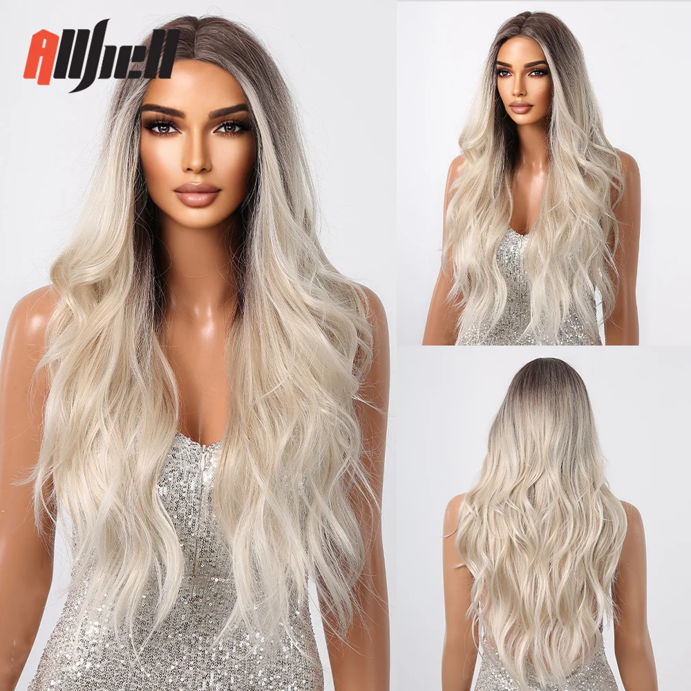 

Platinum Ombre Dark Brown Highlight Hairline Lace Synthetic Wig Long Wavy Wig for Women Afro Cosplay Party Daily Heat Resistant