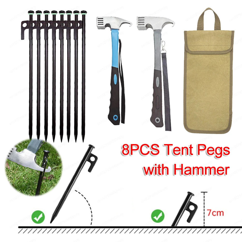 8pcs Tent Pegs Tent Accessories Forged Steel Heavy Duty Tent Pegs 30cm with Storage Bag Peg Hammer Camping Supplies