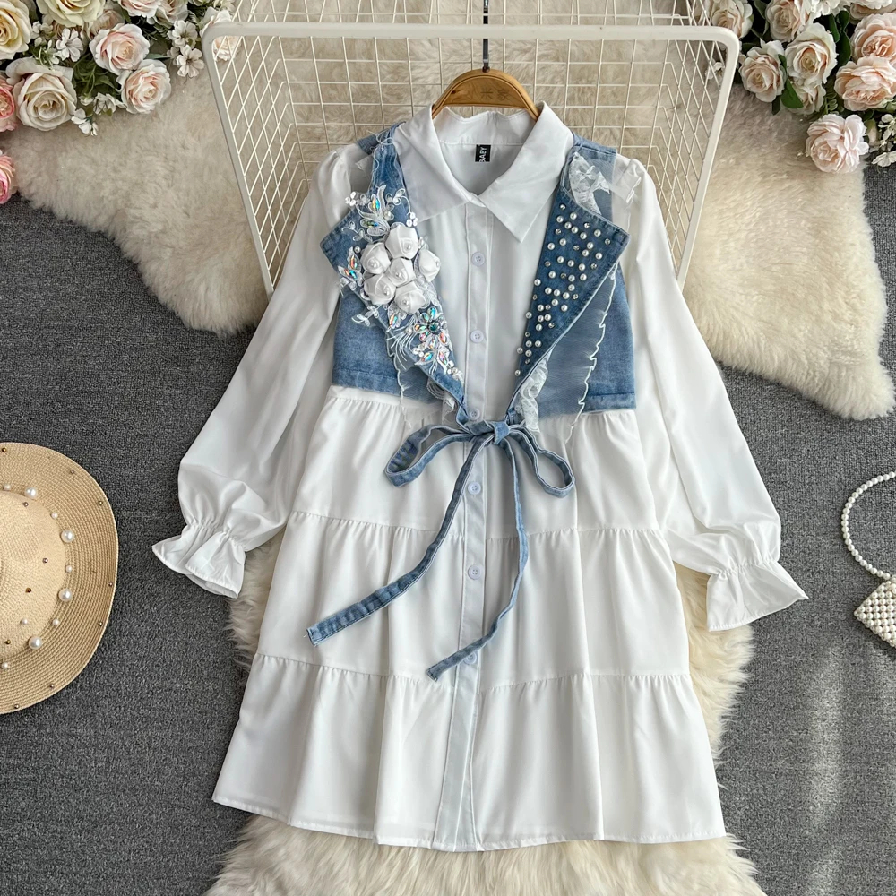 

Women Dress Set 3D Flower Appliques Beading Sleeveless Denim Vest+White Turn Down Collar Long Sleeve Loose Shirt Dresses Suit