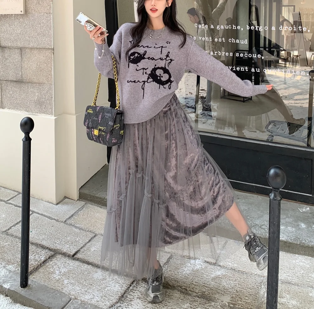 Real shot~Large size women's cartoon fun graffiti version round neck pullover sweater for women+mesh half length skirt set zntx new half high neck 100% pure cashmere sweater men solid color jacquard winter warm korean version high grade youth 2023 new