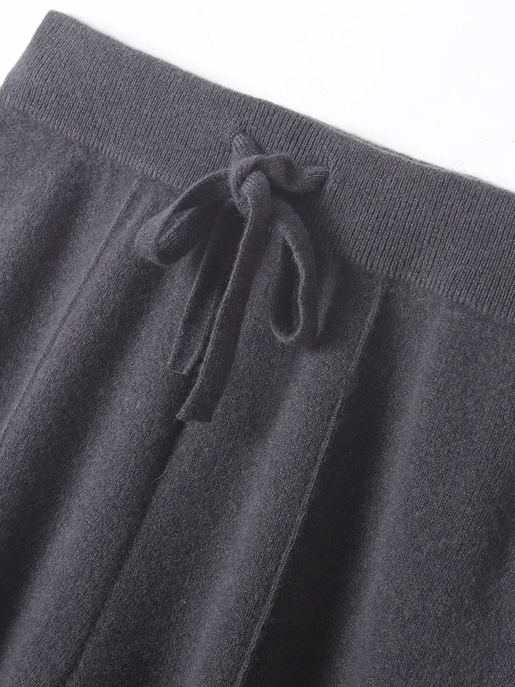 بنطلون نسائي واسع الساق من الصوف الميرينو 100٪ للخريف والشتاء، سروال دافئ وناعم من الكشمير، ملابس محبوكة بسيطة وعصرية