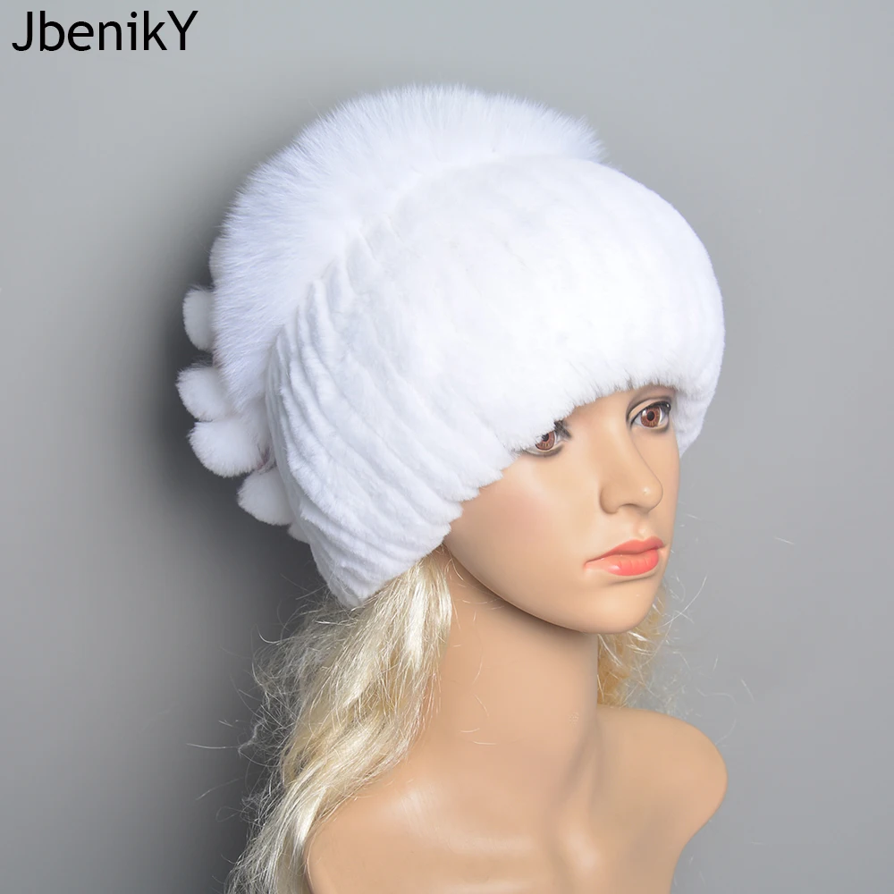 

New Women Winter Luxury Real Rex Rabbit Fur Hat Knitted Rex Rabbit Fur Hat Top Natural Fox Fur Cap Genuine Fox Fur Beanies Hat