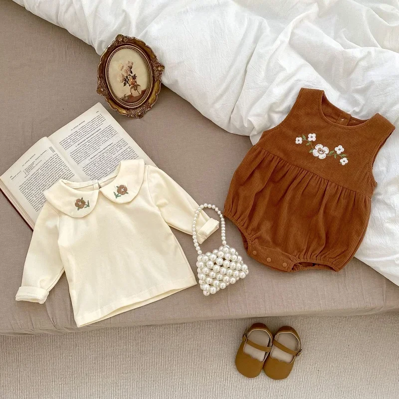 

2023 Autumn Newborn Baby Girl Clothes Long Sleeve Peter Pan Collar Shirt Tops Embroidery Flower Corduroy Romper 2PCS Outfit 0-3Y