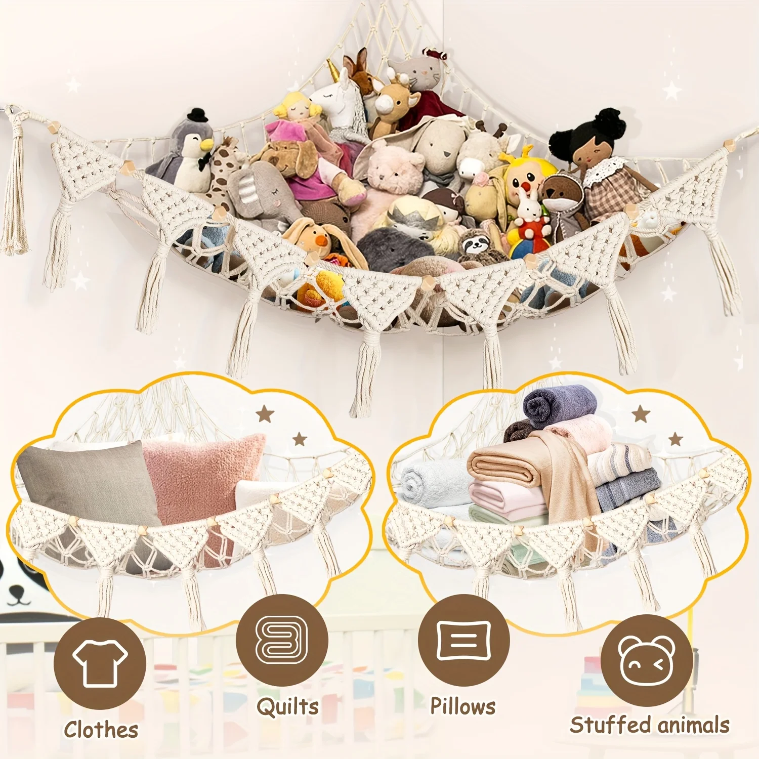 Stuffed Animal Hammock or Net Corner Macrame Hanging Toy Organizer Ideas for Plush Display, Kids Room Bedroom with Decorative