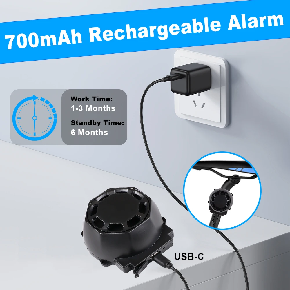 120dB Motorcycle USB-C Charging Remote Control Alarm Waterproof Anti-theft Alarm For Bicycle Vibration Motion Sensor