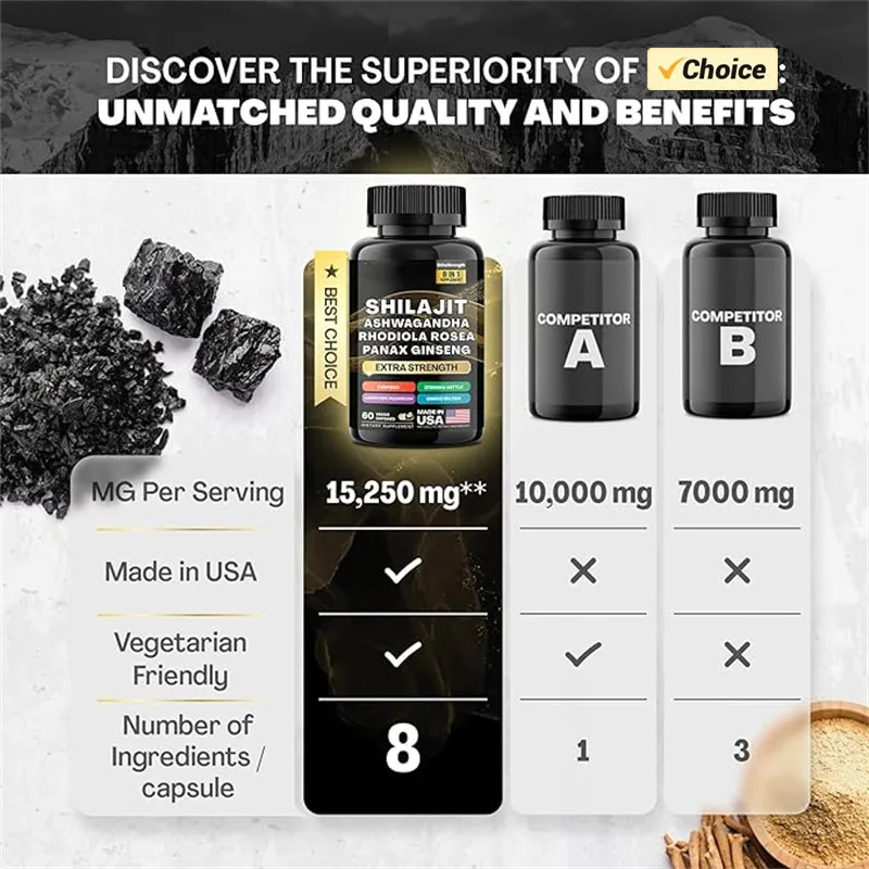 Pure Shilajit Mineral Supplements with Ashwagandha Ginseng Turmeric Increase Size & Stamina Enhance Endurance Capsules 15250mg