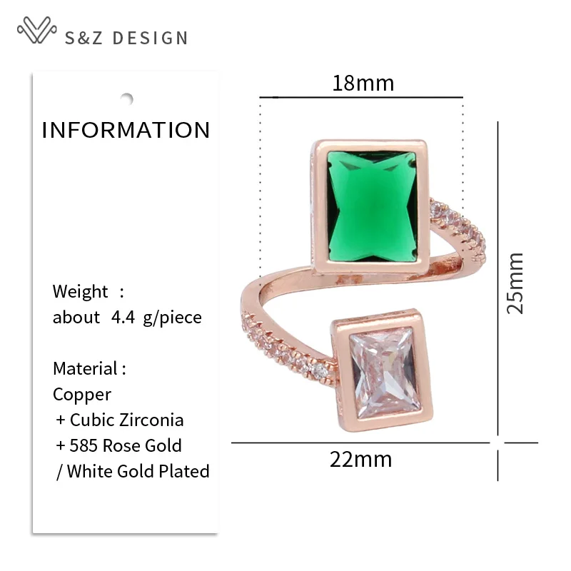 S&Z DESIGN New Fashion 585 Rose Gold Color Rectangle Cubic Zirconia Resizable Rings For Women Wedding Party Jewelry Gift