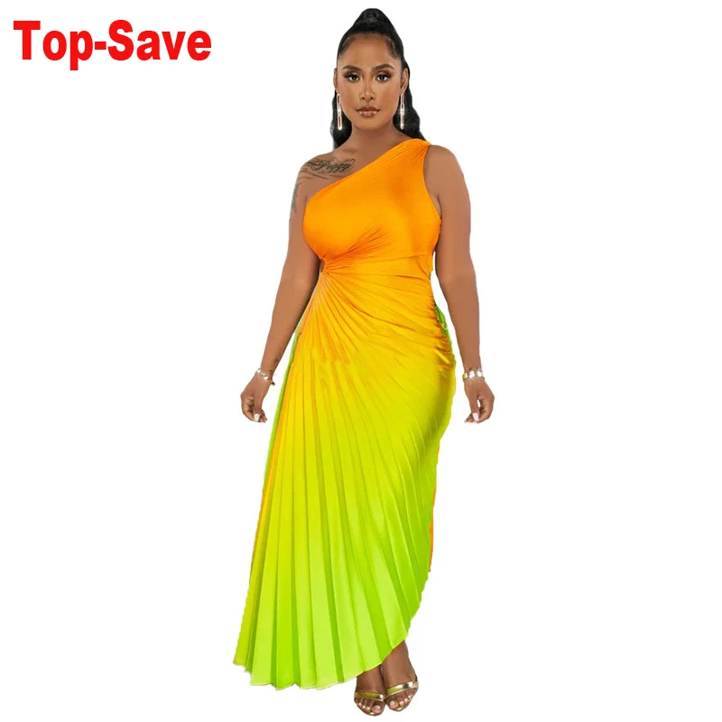 

Bohemian Style Dresses For Women 2023 Autumn Gradient Sexy Pleated Y2K Clothing One Shoulder Casual Loose Dress Bodycon Vestidos