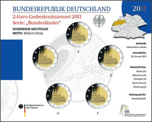 

Germany 2011 Commemorative Coin Nordrhein-Westfalen Cologne Cathedral Adfgj Marked Five State Coins 2 Euros