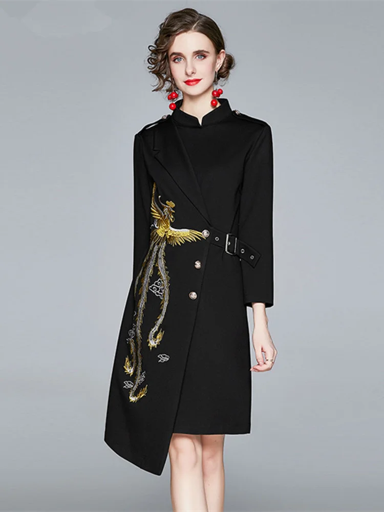 

Embroidered Phoenix Dress Women 2023 Autumn Winter Stand Collar Long Sleeve Epaulettes Single-Breasted Lace Black Asymmetry Robe