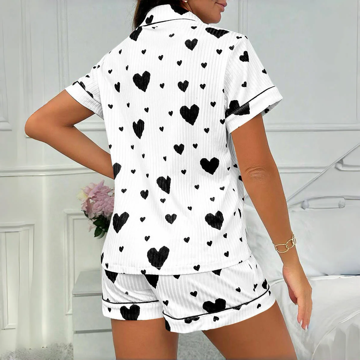 Coração impresso conjunto de pijama casual manga curta botão lapela topo e shorts elásticos pijama feminino respirável macio 4