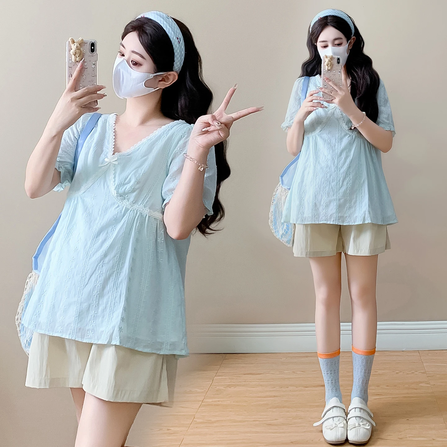 2026 여름 임산부 셔츠 반팔 V넥 하이웨이스트 레이스 패치워크 임산부 블라우스 스윗 플러스 사이즈 임부복 상의